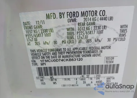 2012 Ford Escape Xlt from USA, damaged, VIN 1FMCU0D74CKB63120